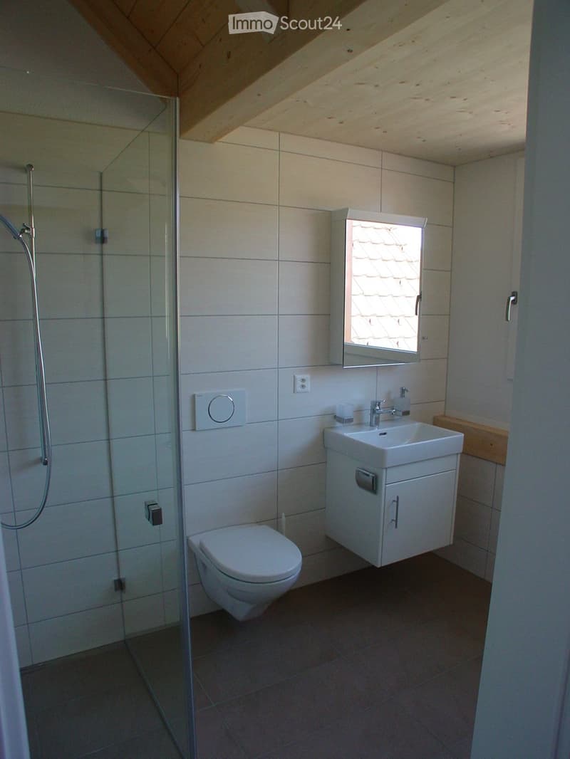 Modern bathroom with white tiles, a toilet, a sink with a mirror, and a glass-enclosed shower area.