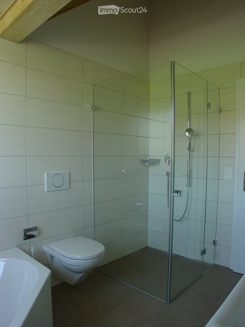 Modern bathroom with a white toilet, bathtub, and glass-enclosed shower with a modern shower handle. The walls are tiled in light gray, and the floor is dark gray tile.