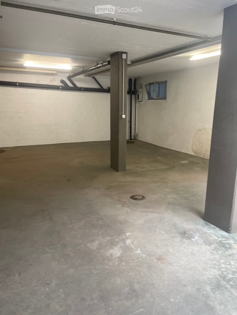 Empty basement or garage space with concrete floor, exposed pipes, and a single window.