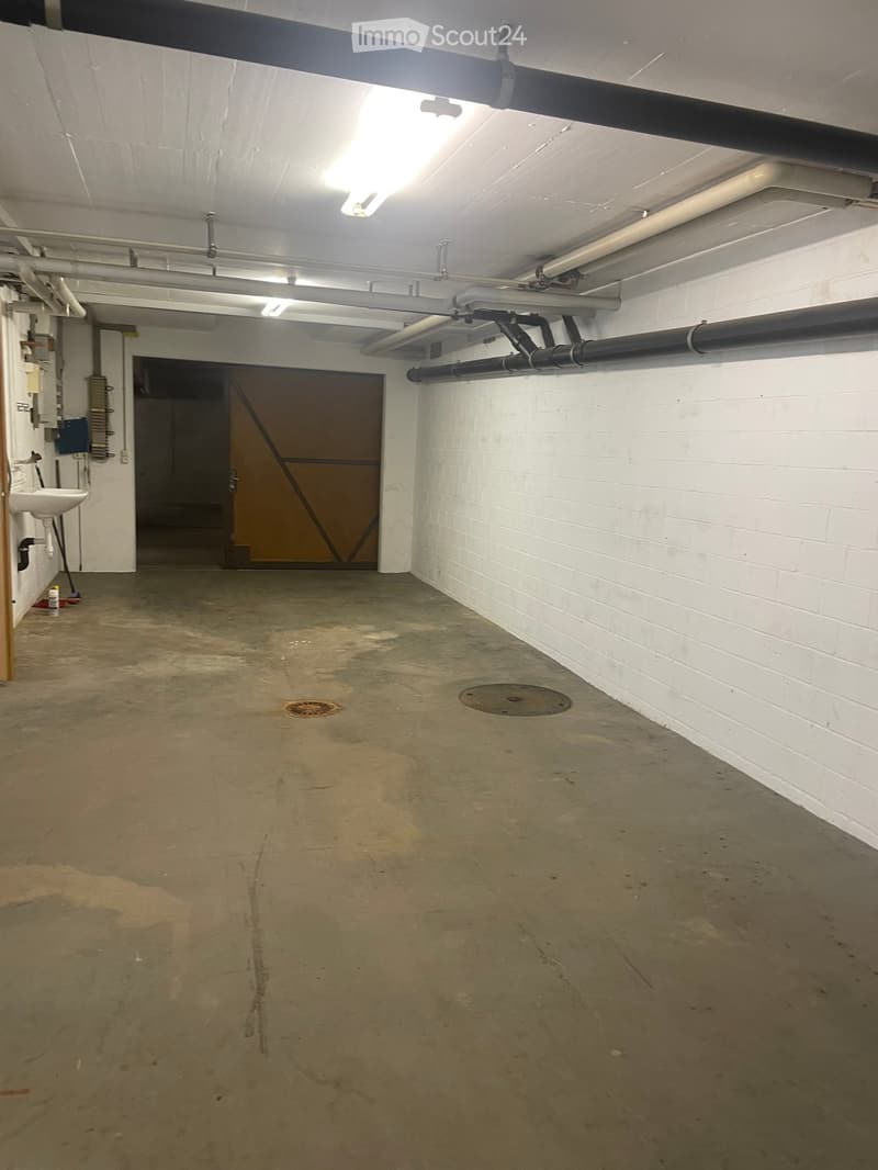 Empty basement or garage space with concrete floor, white brick walls, exposed pipes, and a single sink in the corner.