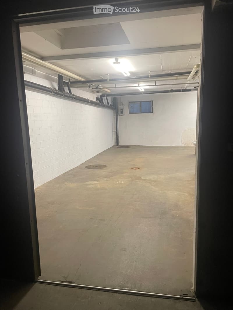 Empty basement or utility room with concrete floor, white brick walls, exposed pipes, and a small window at the far end.