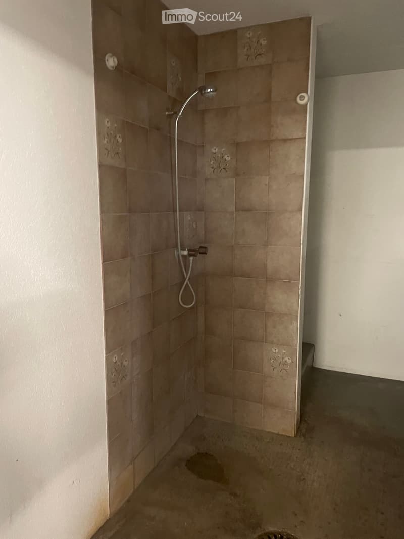Shower area with tiled walls, a showerhead, and a hose, featuring a drain in the floor.