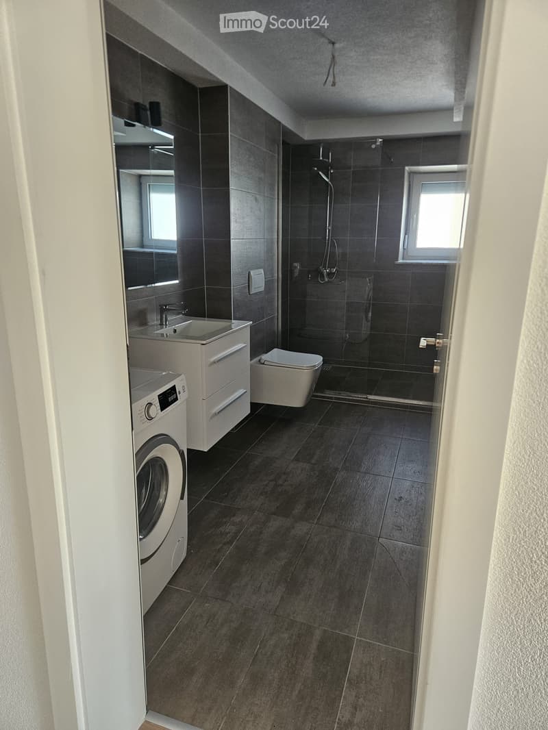 Modern bathroom with dark grey tiles, a white sink, toilet, shower, and a private washing machine.