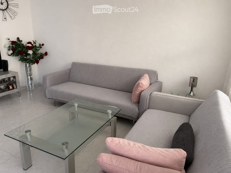 Modern living room with a grey sofa, glass coffee table, pink cushions, vase with flowers, wall clock, and table lamp.