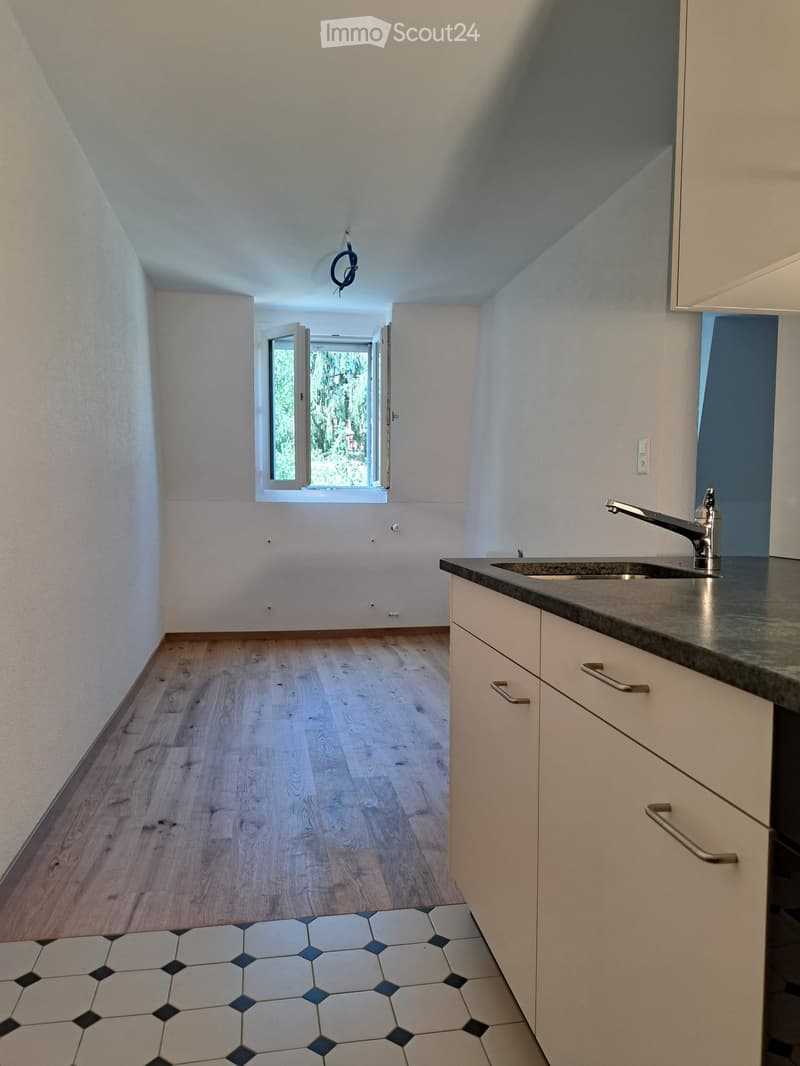 Empty room with wooden flooring, white walls, and a small window with a view of greenery. A sink and cabinets are visible on the right side.
