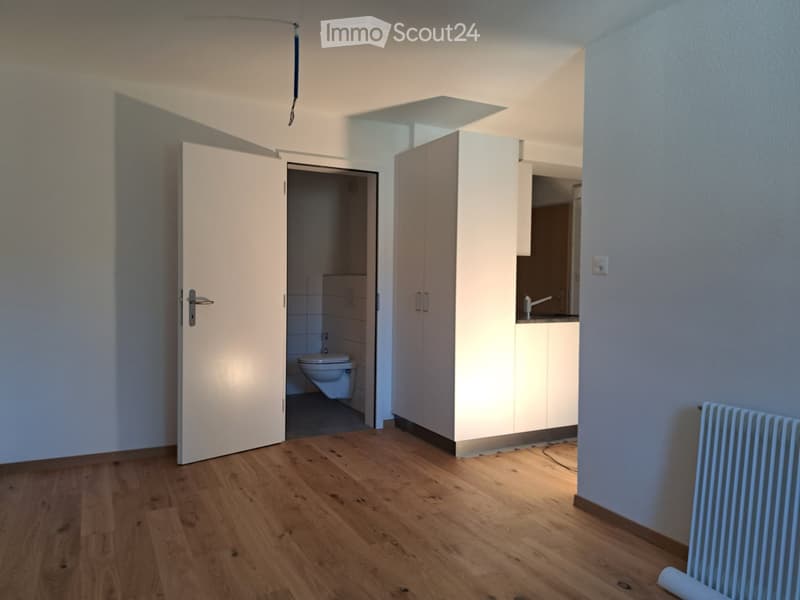 Empty room with wooden flooring, white walls, a radiator, and doors leading to a bathroom and closet area.