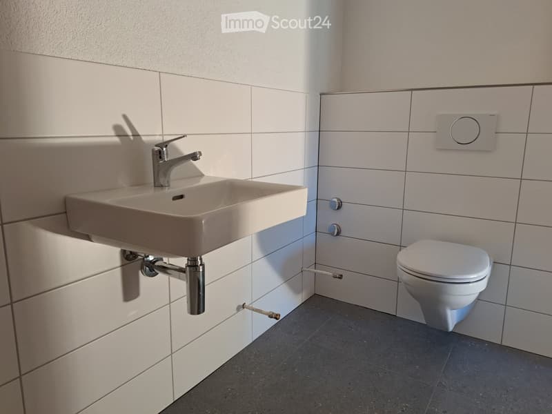 Modern bathroom with a white tiled wall, a beige sink with a chrome faucet, and a white toilet.