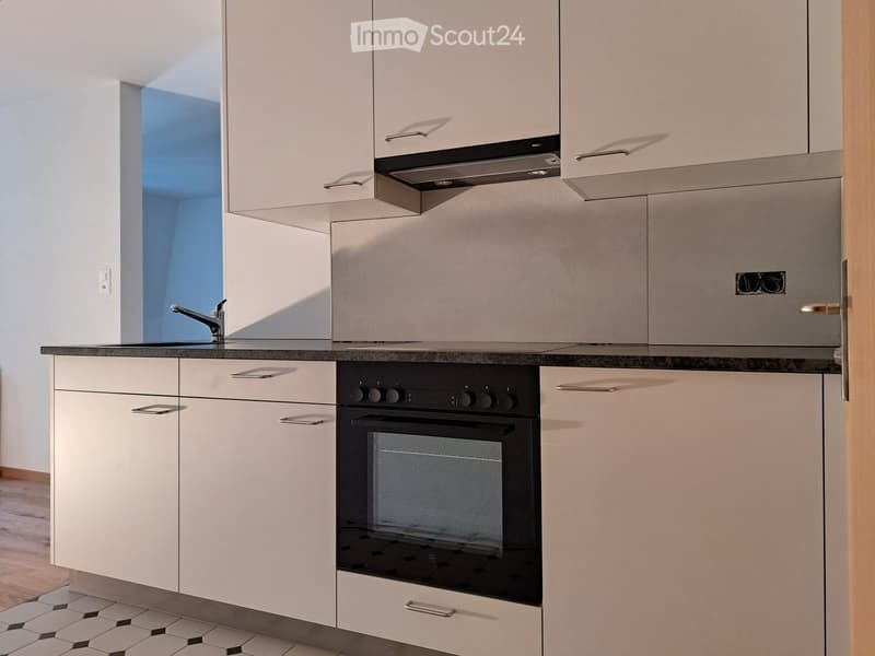 Modern kitchen with white cabinets, stainless steel appliances, and a black countertop.