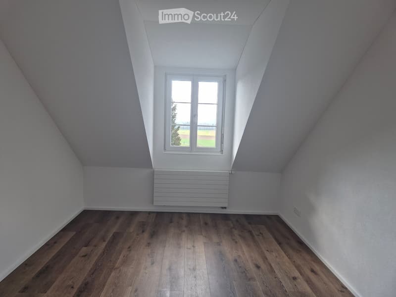 Empty attic room with wooden flooring, white walls, a single window, and a radiator below it.