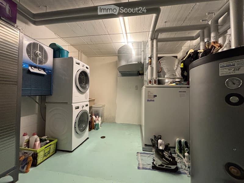 Utility room, washing machine, dryer, storage boxes, bottles, and pipes