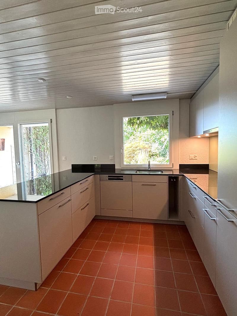 Modern kitchen with light wood cabinets, stainless steel sink, dishwasher, and orange tiled floor.
