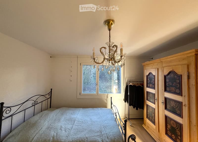 bed, wooden wardrobe, chandelier, window with outdoor view