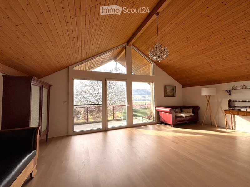 Large living room with balcony, wooden ceiling, wooden flooring, glass doors, chandelier, red sofa with pillows, wooden desk with lamp, wooden cabinet, picture frame on wall, green chair