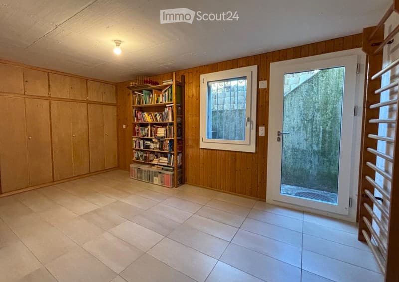 empty room, wooden floors, wooden shelves, sliding glass door