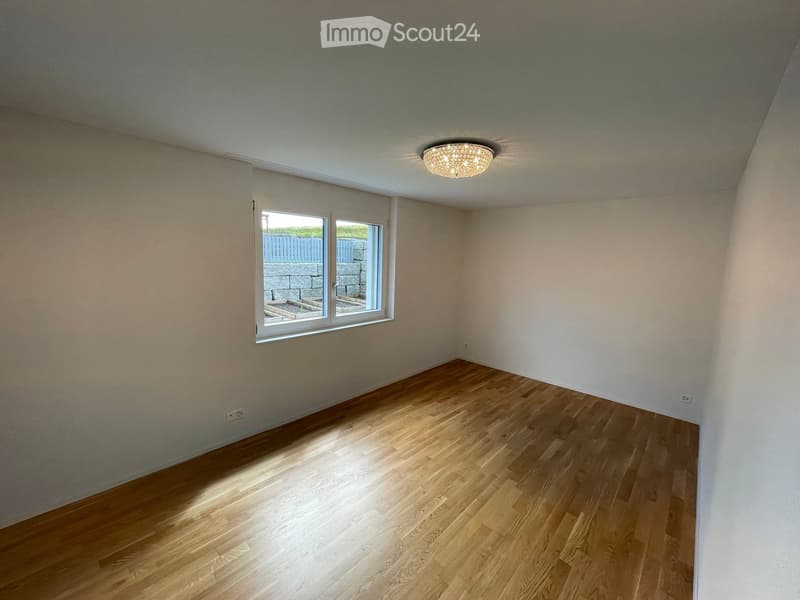 Empty room with wooden flooring, white walls, and a large window letting in natural light. A decorative ceiling light fixture is visible.