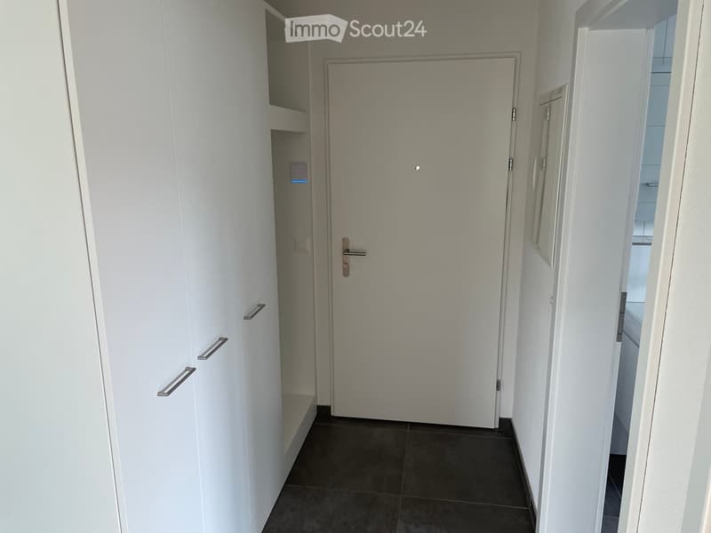 A narrow hallway with white walls, dark tiled floor, and a closed door at the end. A built-in closet with silver handles is visible on the left side, and a small section of a bathroom is visible on the right.