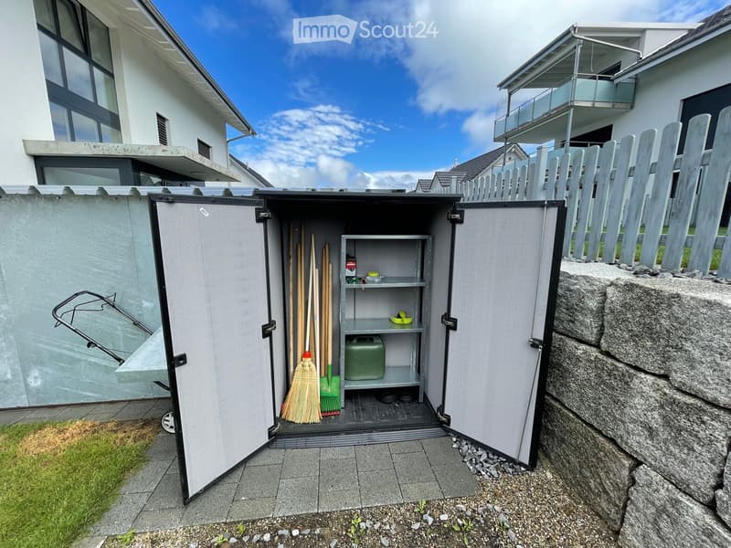 Open storage shed with cleaning tools, a shelf holding a bottle, bowl, and can, and a green container on the floor.