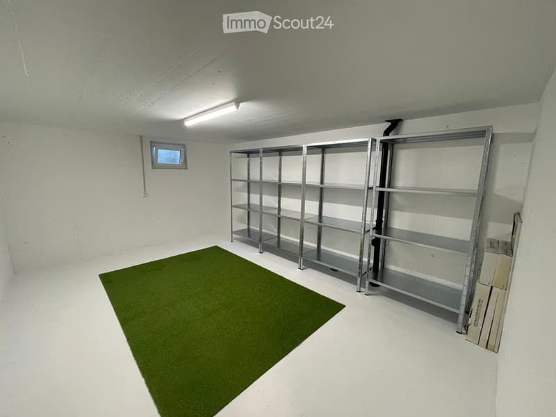 Empty room with white walls, concrete floor, green carpet, metal shelving unit, and small window.
