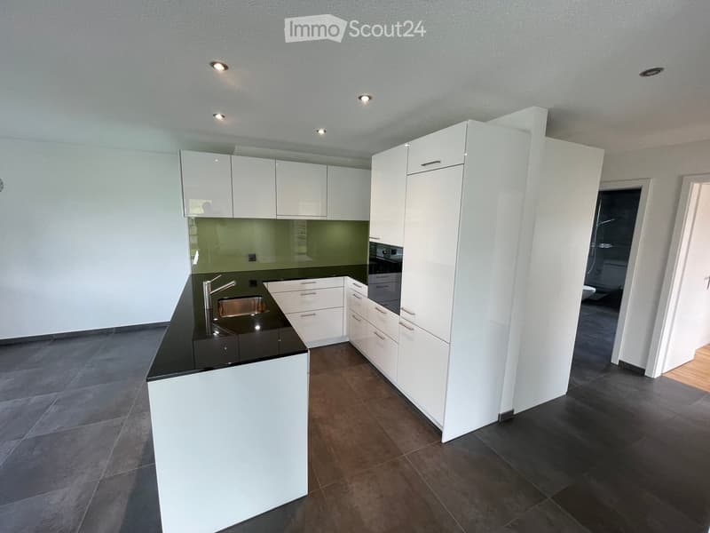 Modern kitchen with white cabinets, black countertops, and a stainless steel sink.