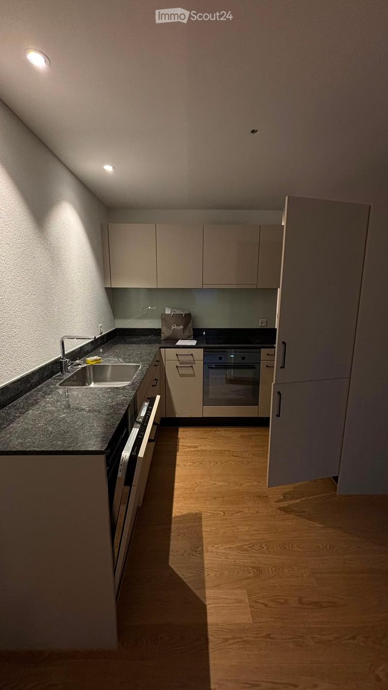 Modern kitchen with light-colored cabinets, granite countertop, stainless steel sink and faucet, built-in oven and dishwasher, and wooden flooring.