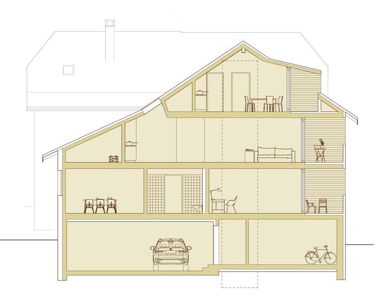 Floor plan of a multi-level house with a garage, living room, dining area, and outdoor seating areas.