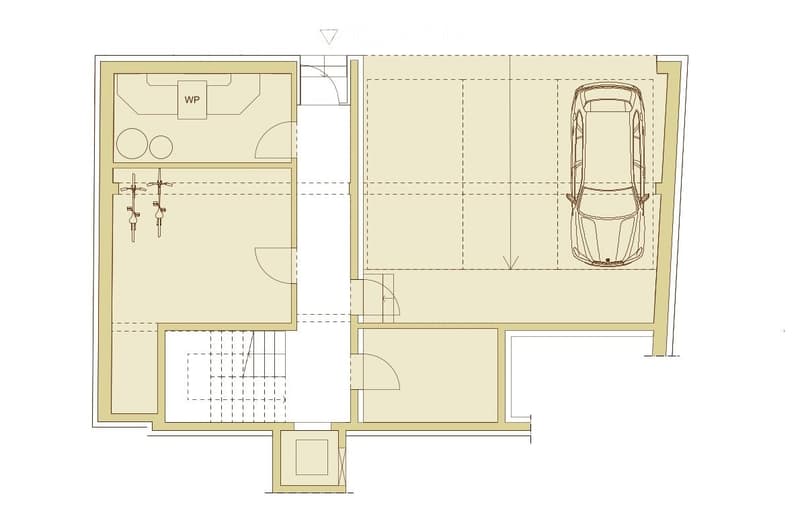 Floor plan showing a bathroom, living area, and a garage with a parking space for one car.