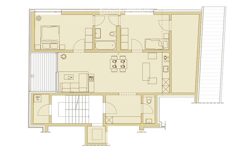 Floor plan of a house with two bedrooms, a living room, a kitchen, a bathroom, and a separate utility area.