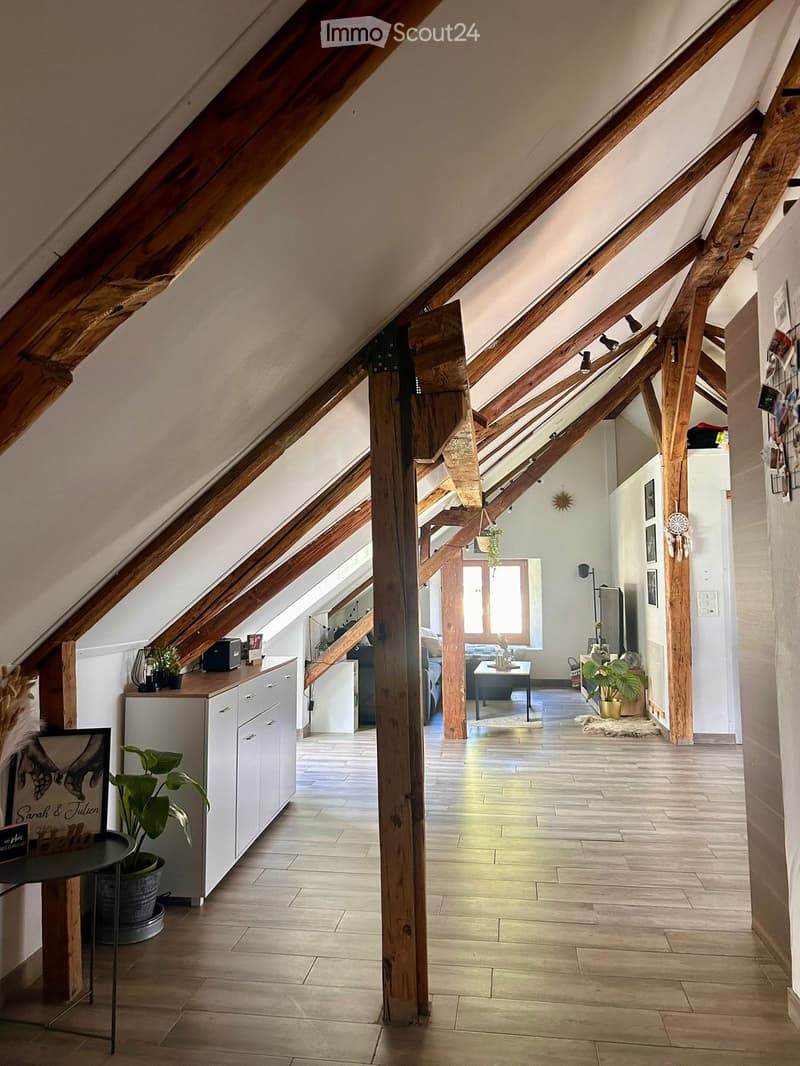 Bright, airy attic corridor with exposed wooden beams and skylights, leading to a living area with furniture and decor.