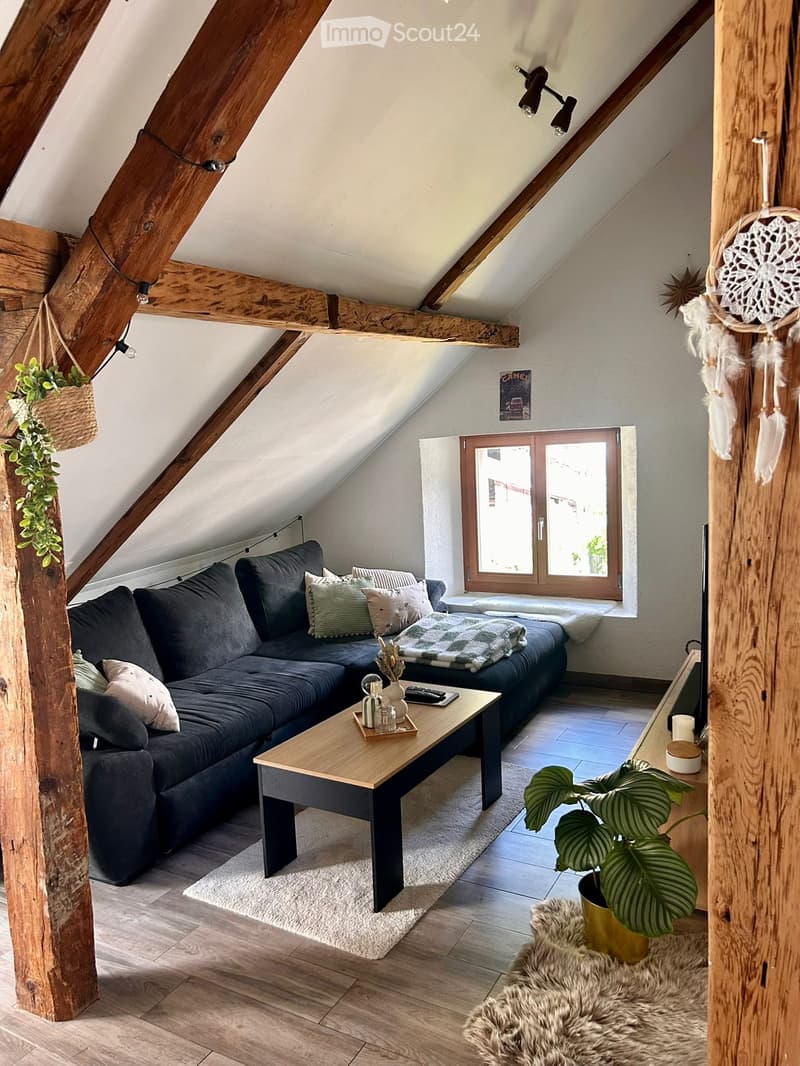 Cozy attic living room with exposed wooden beams, a dark blue sectional sofa, a wooden coffee table, a dreamcatcher, and a potted plant. The room features wooden flooring and large windows letting in natural light.