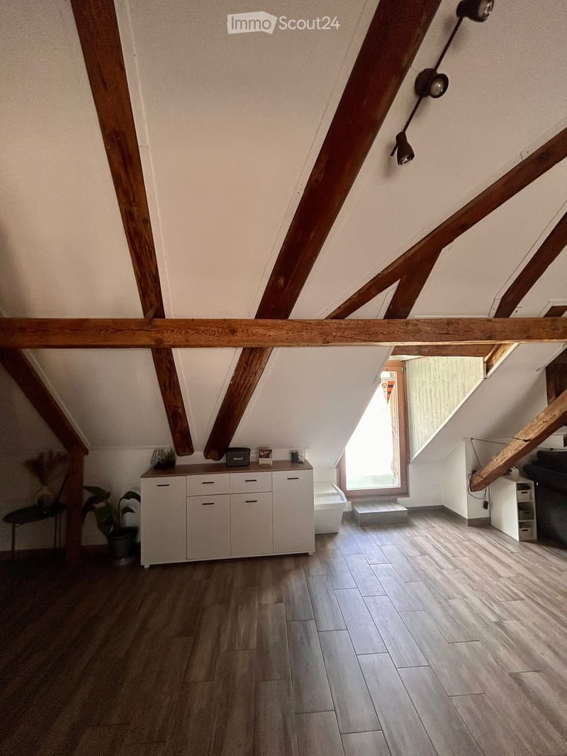 Bright attic room with wooden beams, white cabinet, small table, and plants. Large skylight windows provide natural light.