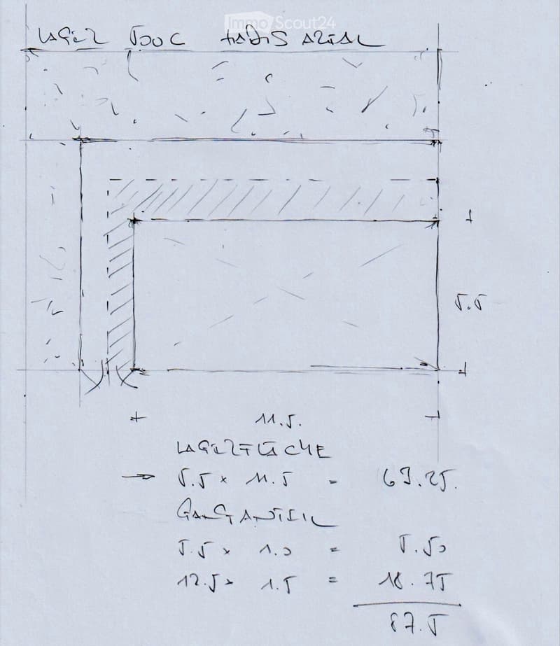 Sketch of a rectangular room with labeled dimensions and calculations, indicating a floor plan layout.