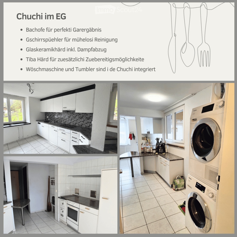 Four images showing a modern kitchen with white cabinets, black countertops, and integrated appliances including a washing machine and dishwasher. The kitchen features a tiled floor, large windows, and a dining area with a table and chairs.