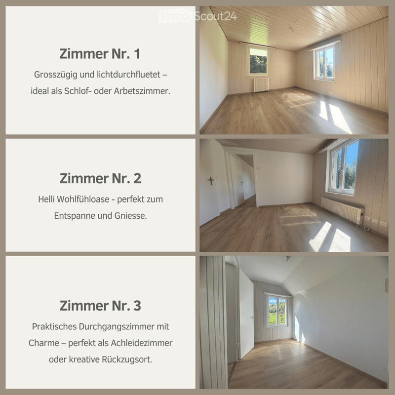 Three unfurnished rooms with wooden floors, white walls, and large windows allowing natural light. Each room is empty, showcasing the space for potential decoration.