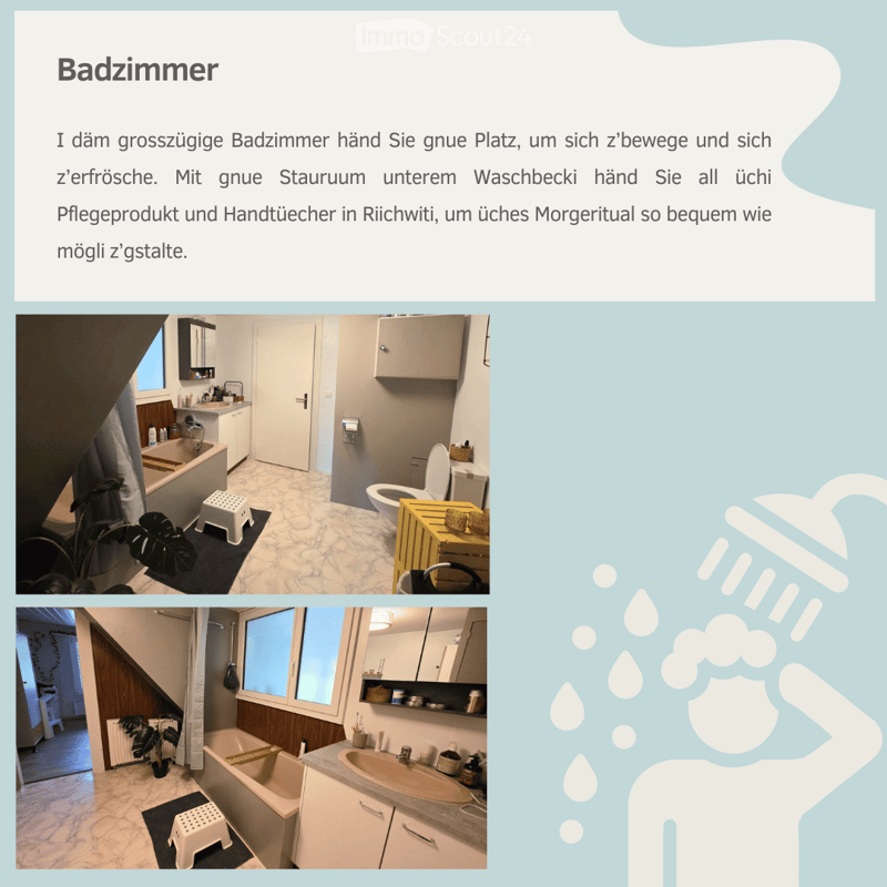 Bathroom with a bathtub, sink, toilet, and cabinet. Includes a small stool, mirror, and plant. The space is well-lit with natural light from a window.
