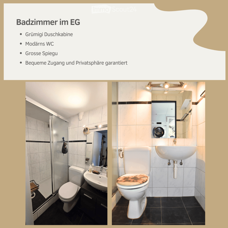 Two bathrooms with white tiles, black flooring, and modern fixtures including a toilet, sink, mirror, and shower. Both have built-in storage and lighting.