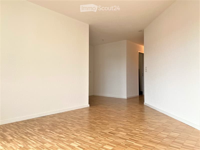 Empty room with light-colored walls and wooden flooring, featuring a doorway leading to another space.
