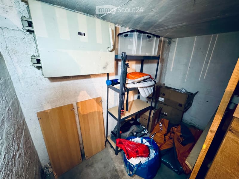 A small storage room with a metal shelf holding various items, including bags, boxes, and a plastic container. There is a wooden cabinet and a partially open wooden door.