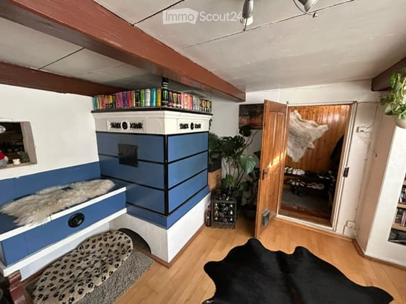 Cozy, compact living space with wooden flooring, built-in blue cabinetry, a small sofa, bookshelf, and a plant near the doorway.