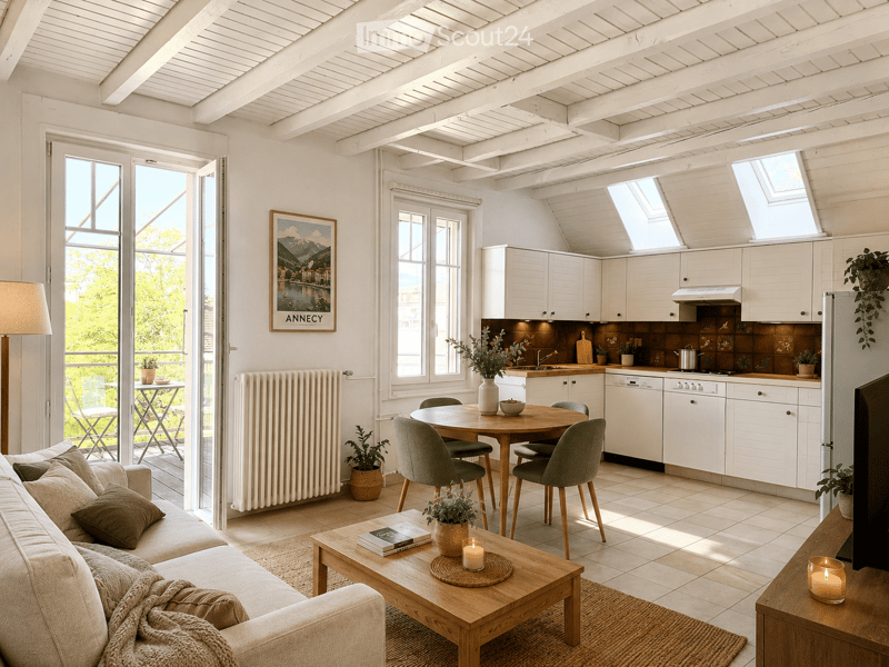 Open-plan living and dining area with a modern kitchen. Features a sofa, coffee table, dining table with chairs, kitchen cabinets, and various decorative items.