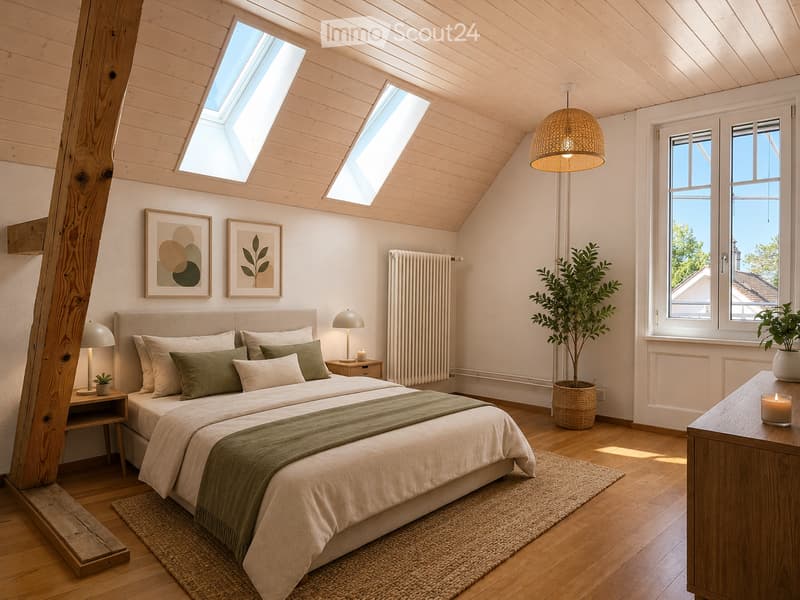 Bright, modern bedroom with wooden floors, slanted ceiling, skylights, and large windows. Features a neatly made bed with pillows and a blanket, nightstands with lamps, a hanging pendant light, and decorative artwork on the walls.