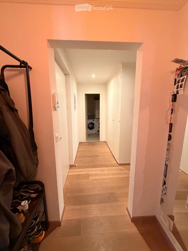 A narrow hallway with light wooden flooring and white walls, leading to a laundry area with a washing machine and dryer visible at the end.