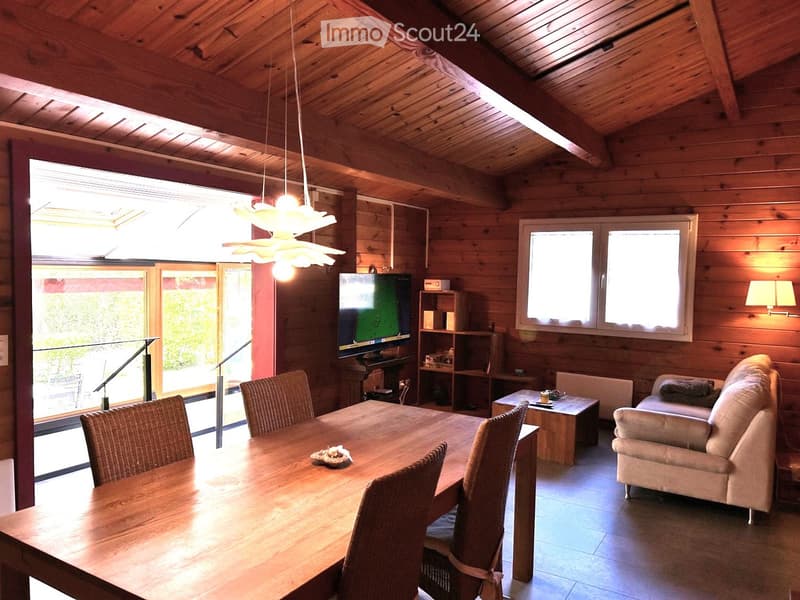 Cozy living and dining area with wooden walls and ceiling, large windows, a sofa, a dining table with chairs, a television, and a hanging lamp.