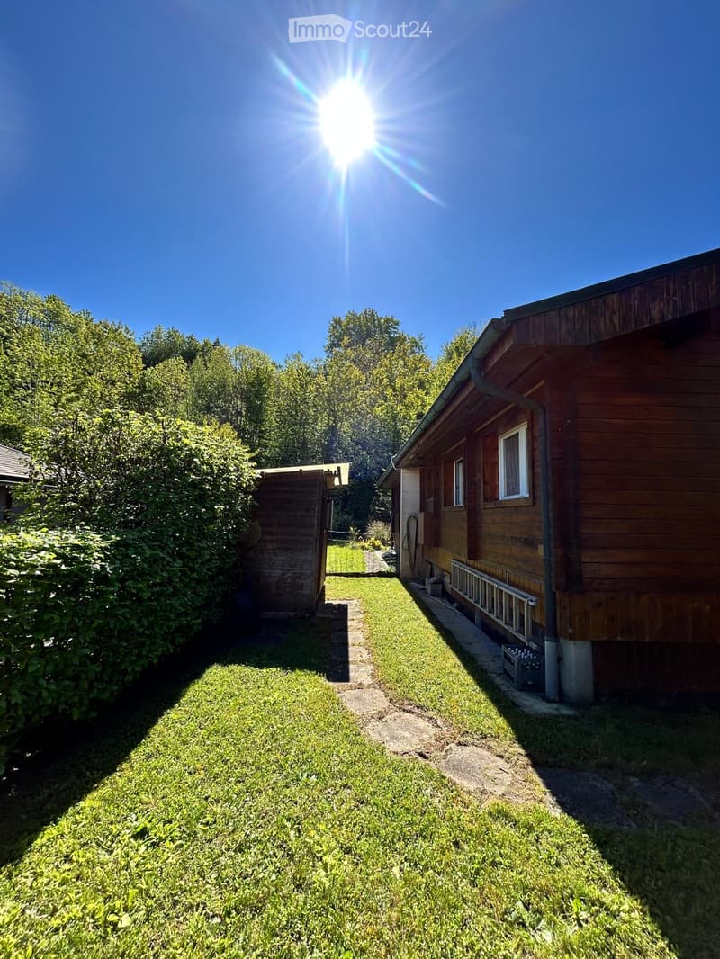 A well-maintained garden area with a wooden house, a small shed, and a clear pathway leading to the house.