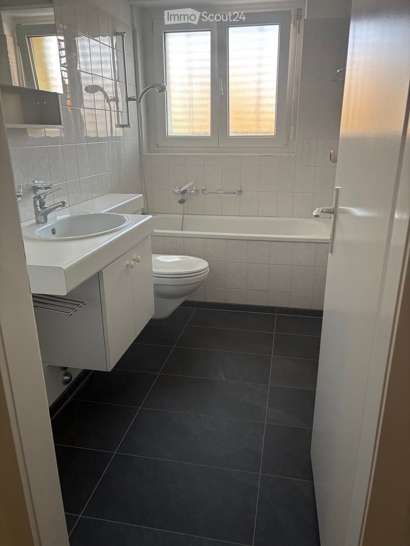 Modern bathroom with dark tiled floor, white sink, bathtub, toilet, and grey cabinet.