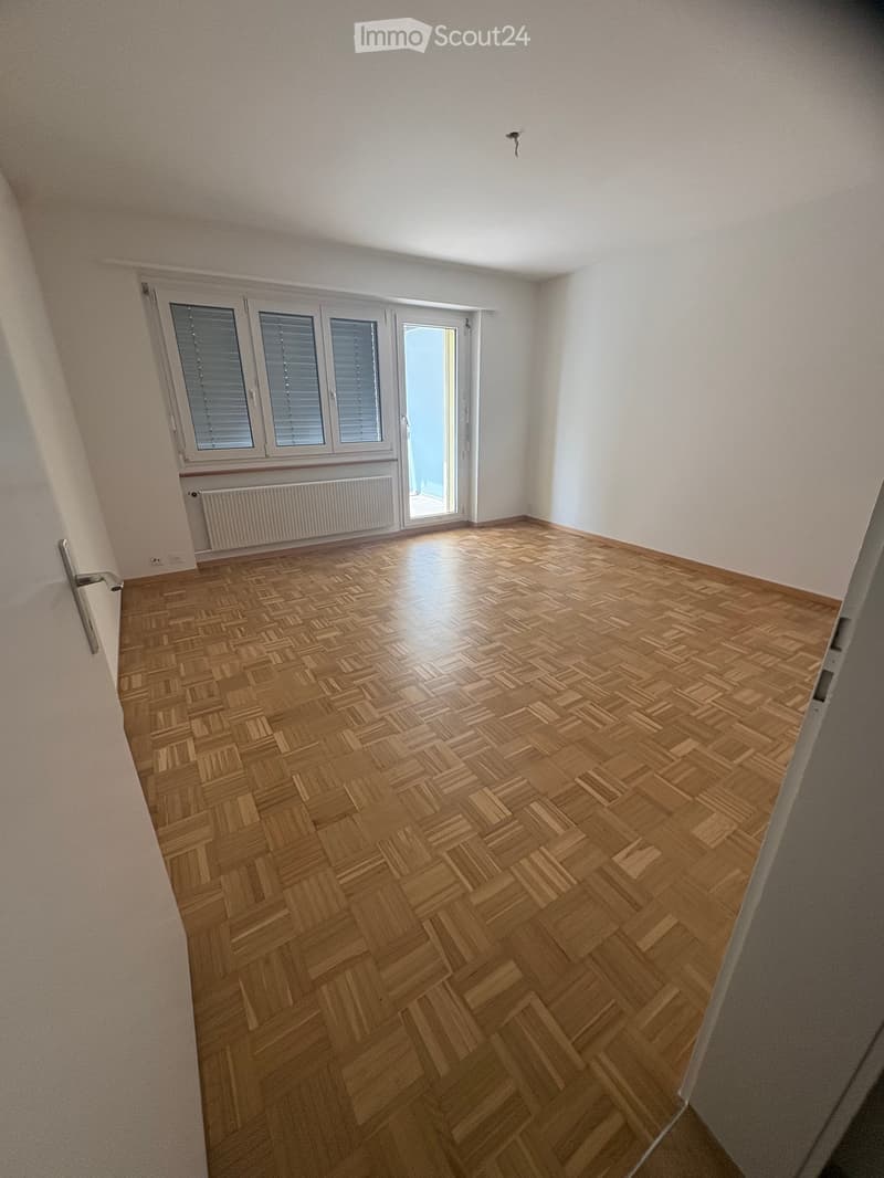 Empty room with wooden herringbone flooring, white walls, large windows with blinds, and a radiator below the windows.