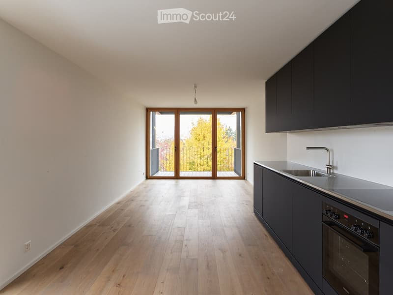 Empty kitchen with light wooden flooring, white walls, dark grey cabinets, and a large sliding glass door leading to a balcony.