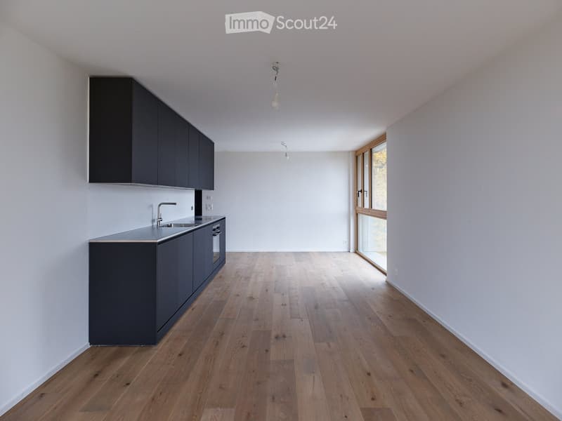 Empty kitchen with dark grey cabinets, wooden flooring, and a window with wooden frame. No appliances or furniture are present.