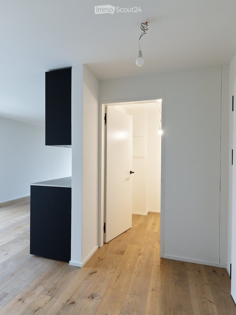 Empty room with light wooden flooring, white walls, and a partially open door leading to another room. A small black cabinet is visible on the left side.