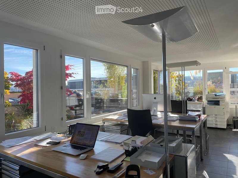 Modern office space with large windows, desks, chairs, laptops, and office equipment.