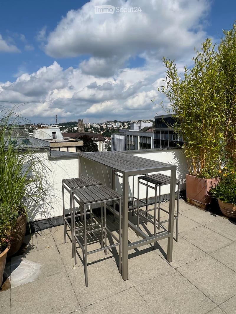 Rooftop terrace with a modern metal table and stools, surrounded by potted plants, offering a cityscape view.